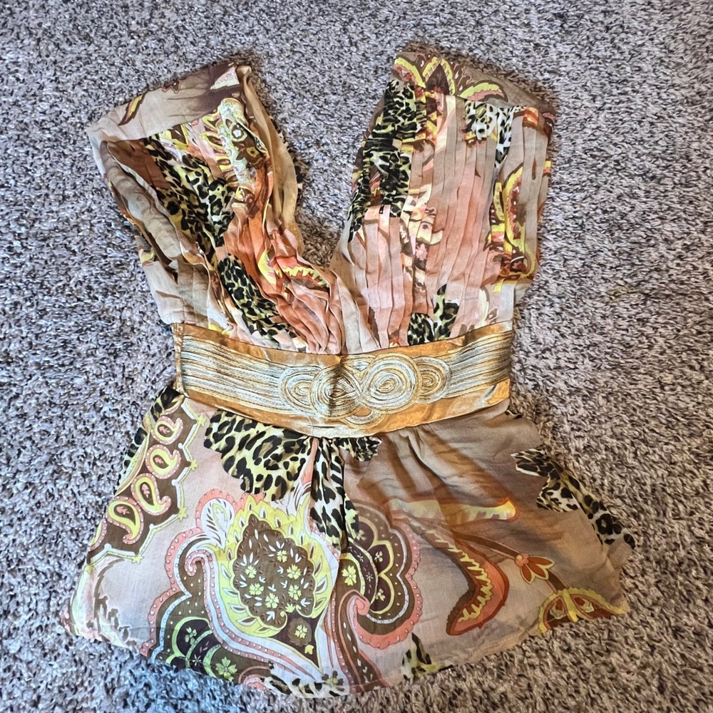 Lucy Paris Women Boho Animal Paisley Deep V-Neck Smocked Waist Blouse Tan Gold L